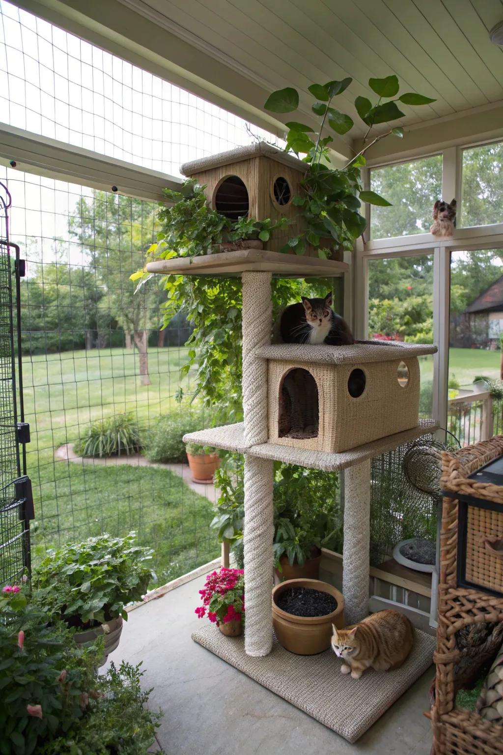 A multi-level cat tree in a catio, inviting exploration and play.