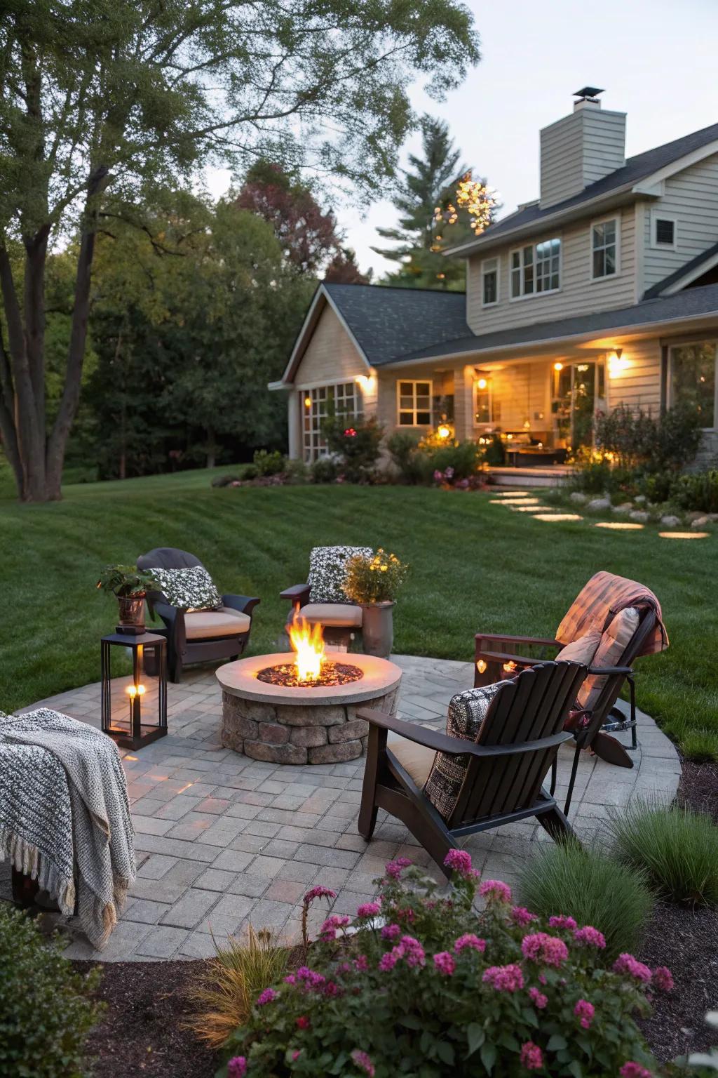 A fire pit creates a welcoming space for relaxation and gatherings.