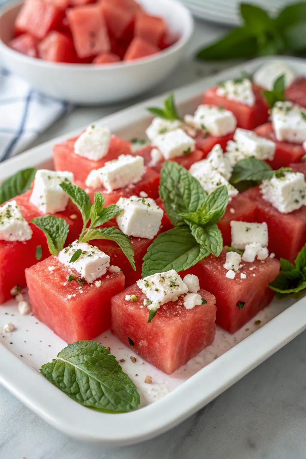 Refreshing watermelon feta bites perfect for warm weather gatherings.