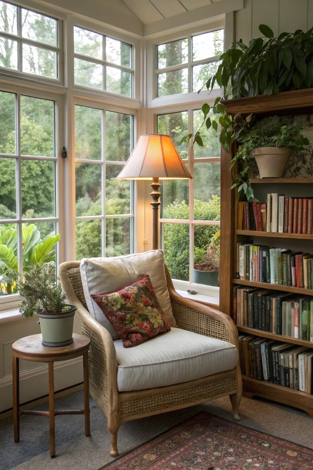 A cozy reading nook in a conservatory, perfect for book lovers.