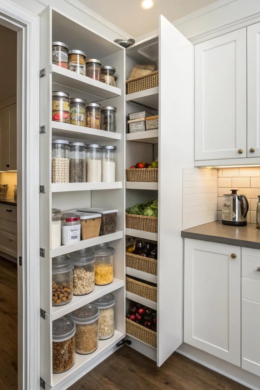 Tall corner pantry shelves for vertical storage.