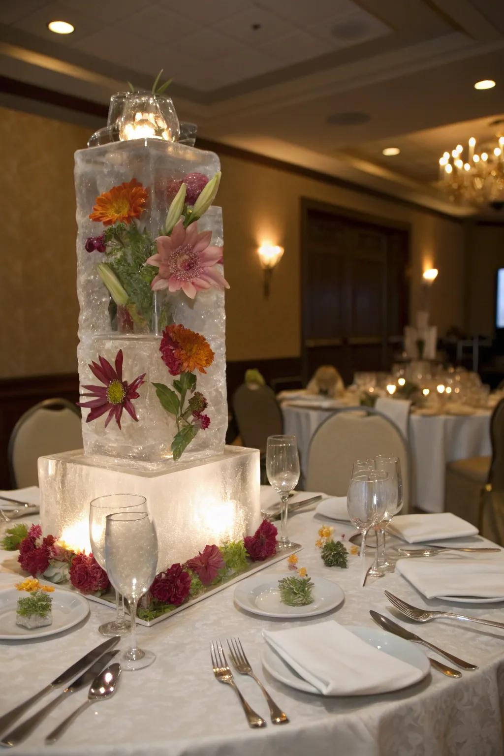 Dramatic ice sculpture with floral inserts as a centerpiece.