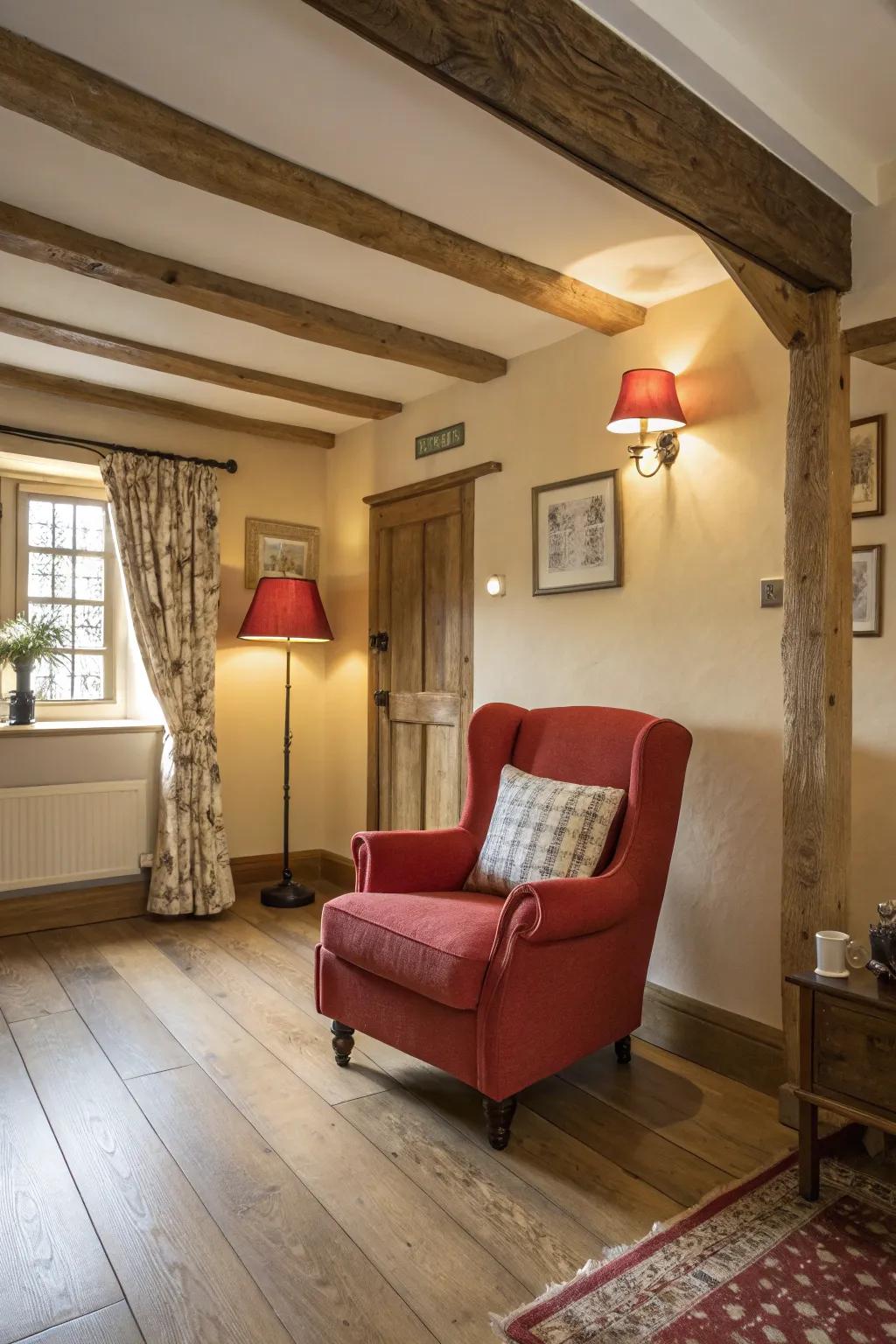 An interior featuring a striking crimson chair as a surprising color accent.