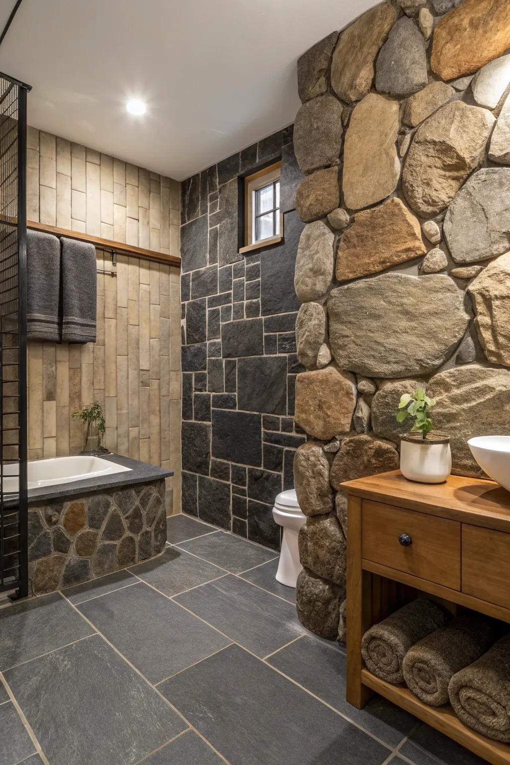 A bathroom that displays an eclectic combination of textures for added character.