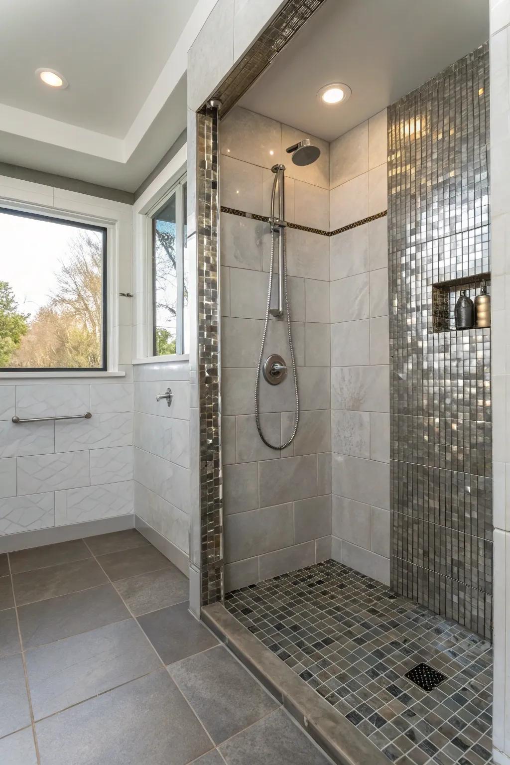 Metallic accents bring an understated glamour to this curbless shower.