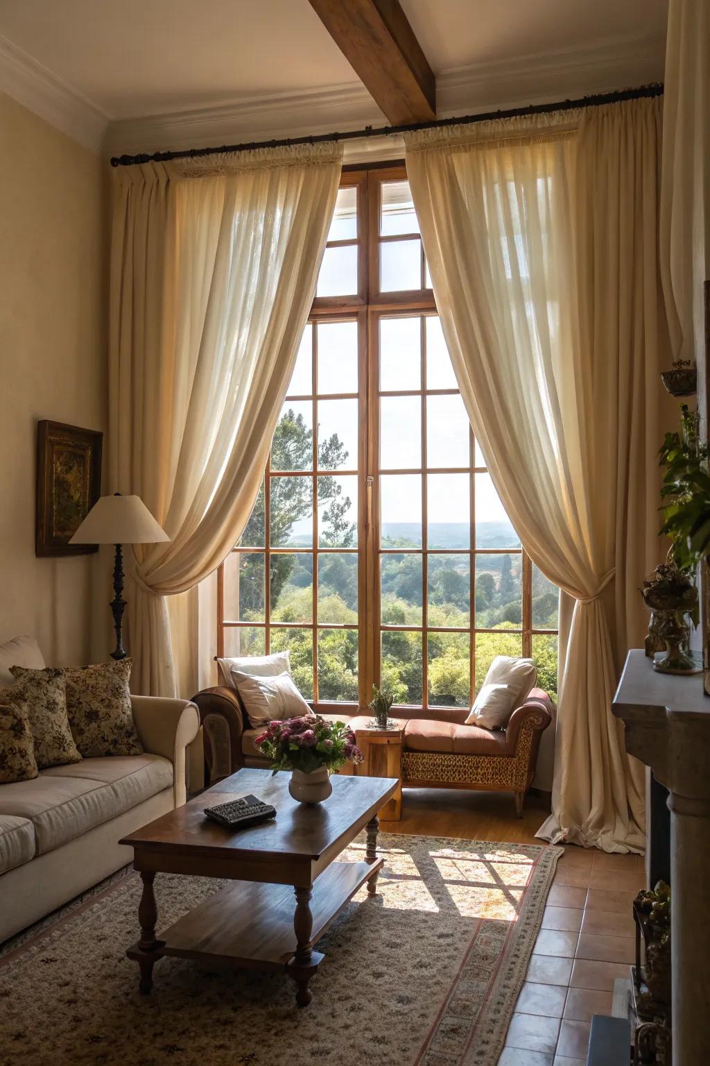 Curtains that frame windows highlight architectural beauty.