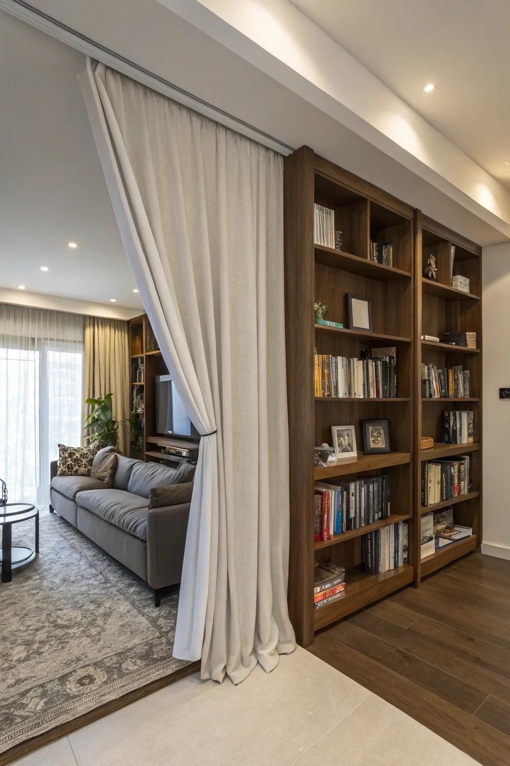 Curtain and bookshelf combo for storage and style.