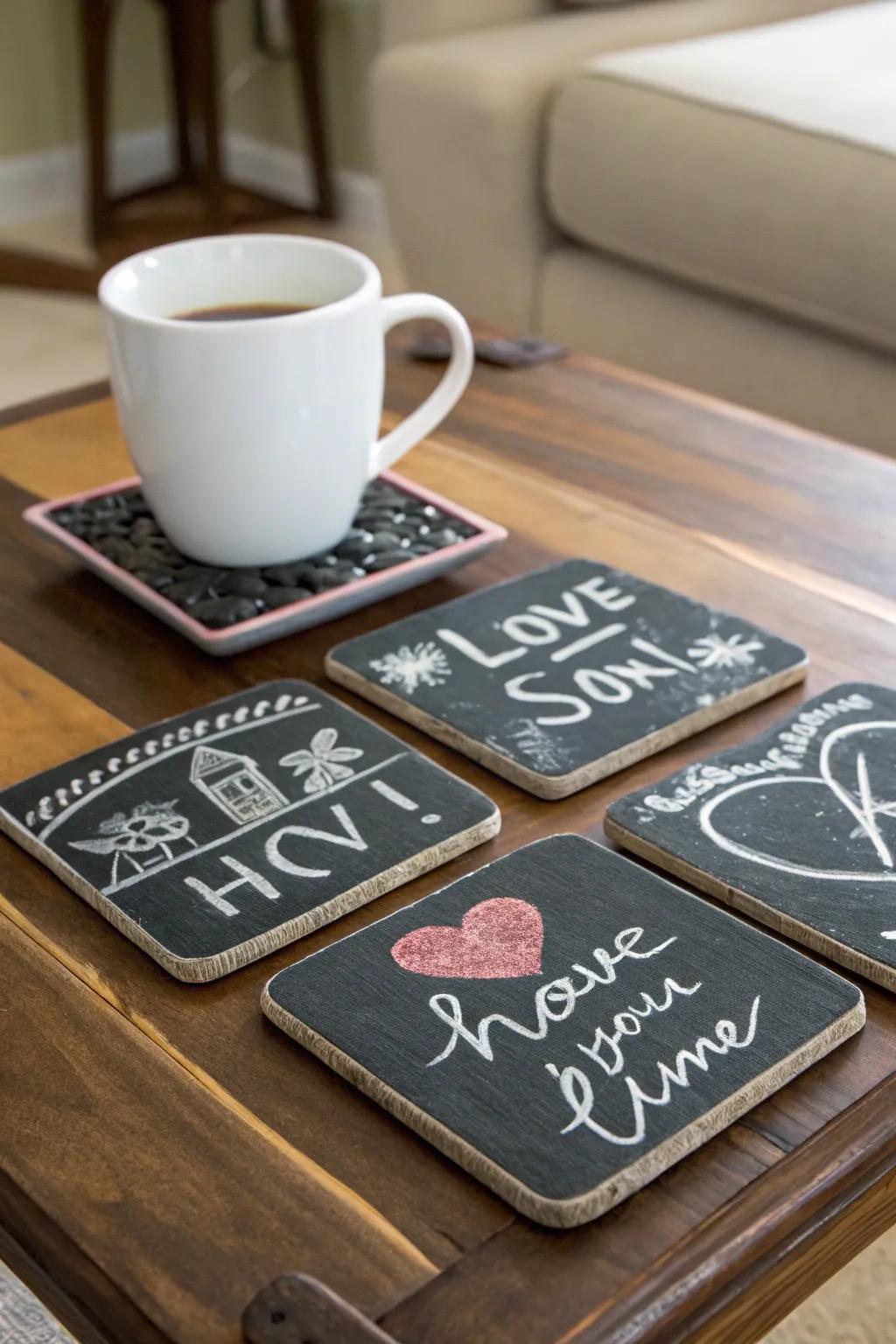 A set of customizable chalkboard coasters for entertaining guests.