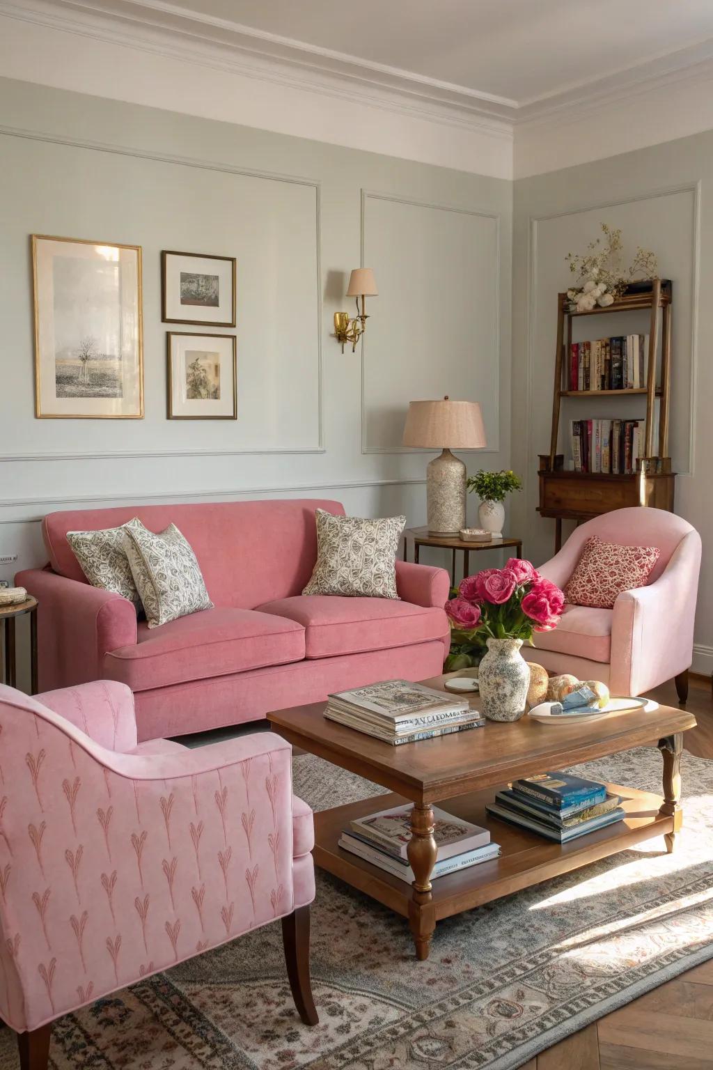 Rose and understated tones blend for a cultured living space.
