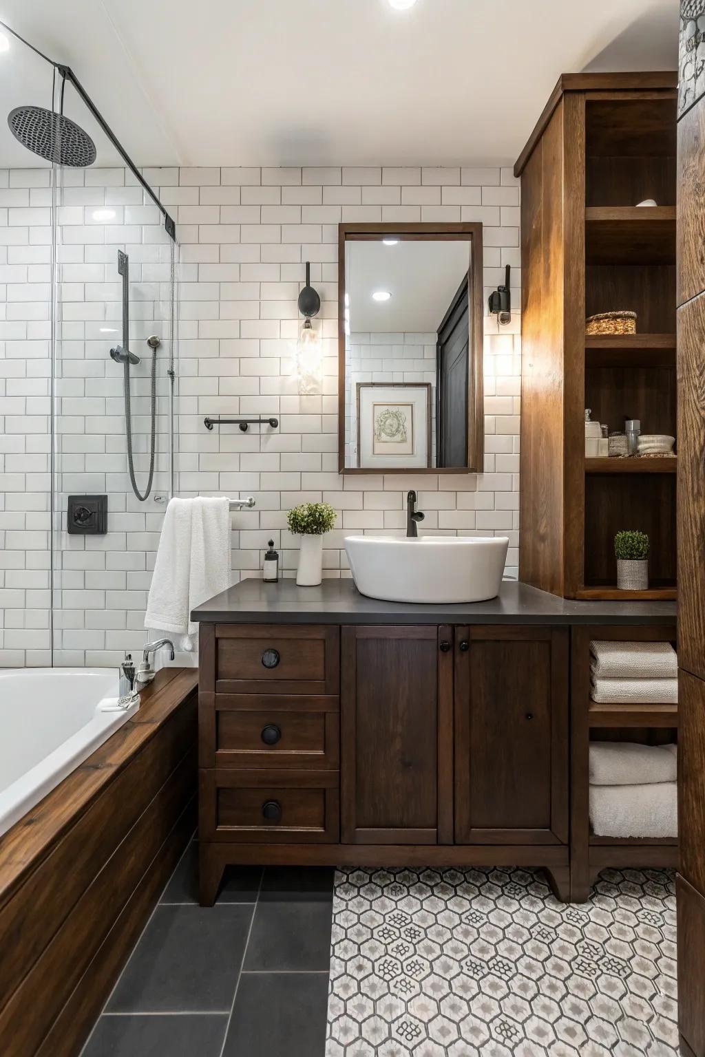 A mix of materials creates a harmonious blend of textures in this bathroom.