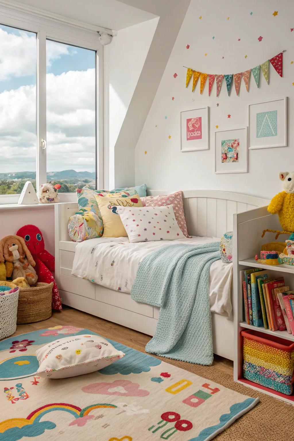 A playful daybed setup in a child's room, perfect for sleeping and playing.