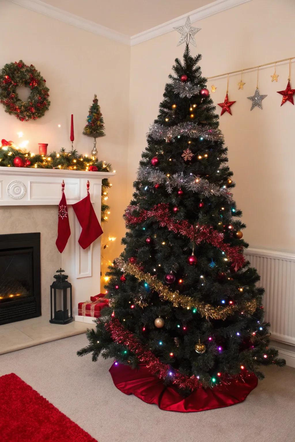 A black tree with an extravagant tinsel display.