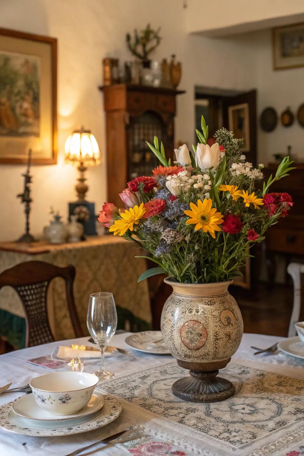 Period-style vessels filled with flora transport organic beauty indoors.