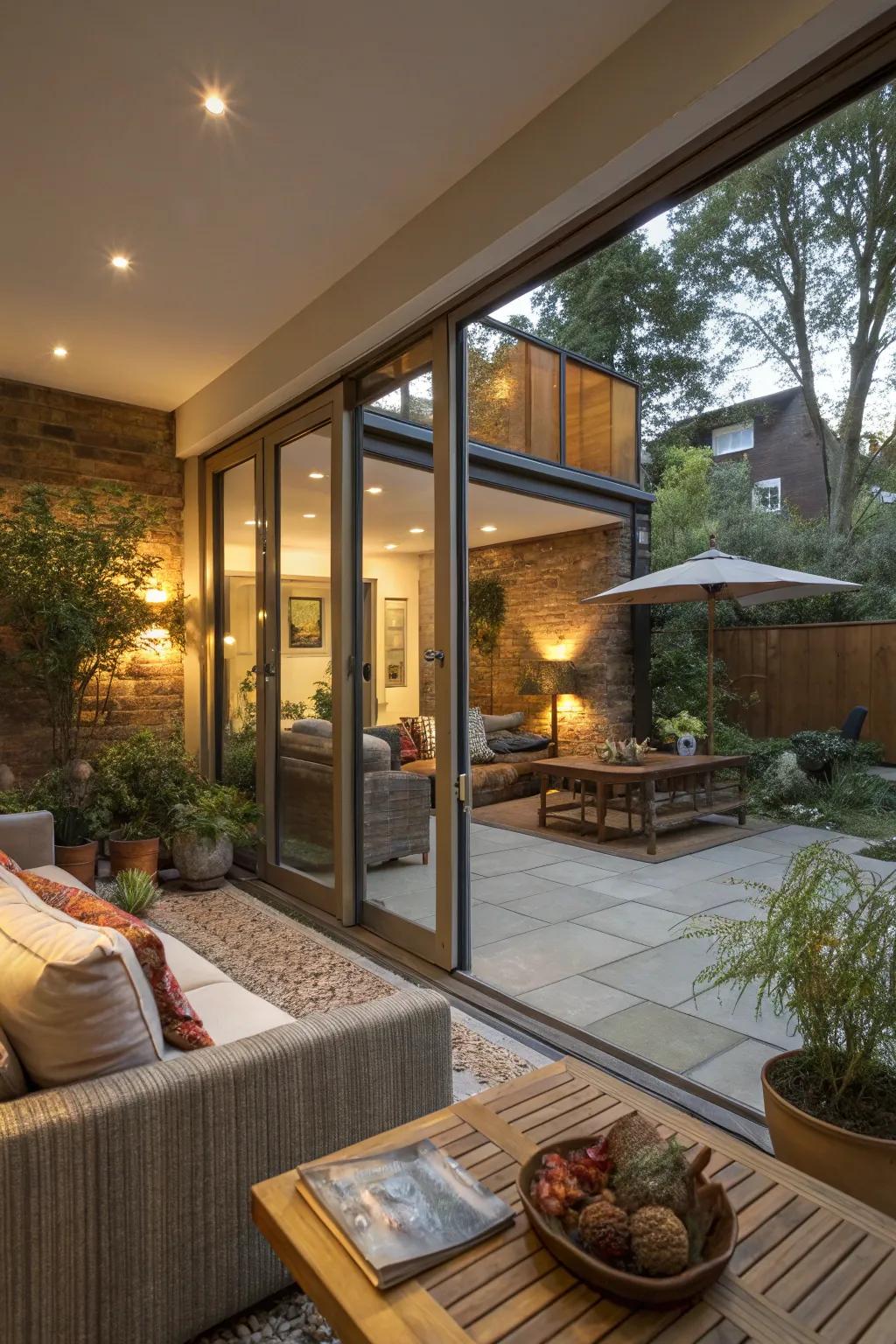 Glass doors create an indoor-outdoor flow.