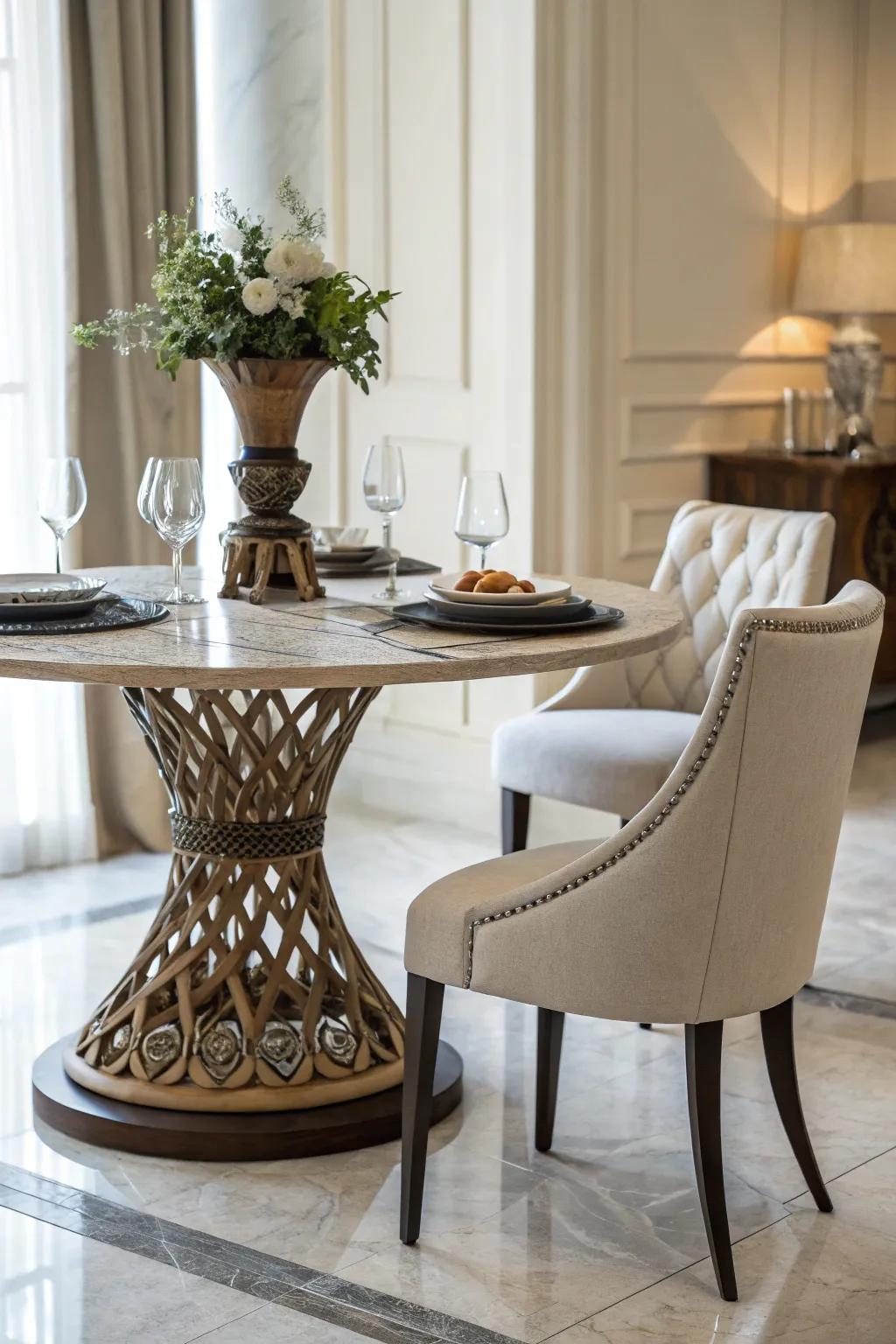 Unique table base paired with slim chairs draws attention to design details.