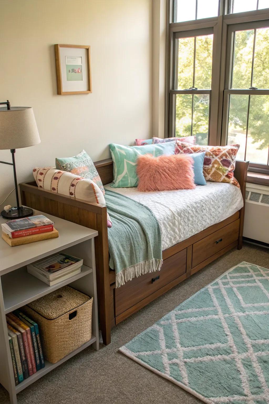 A daybed serves dual purposes as a couch and a bed in this dorm room.