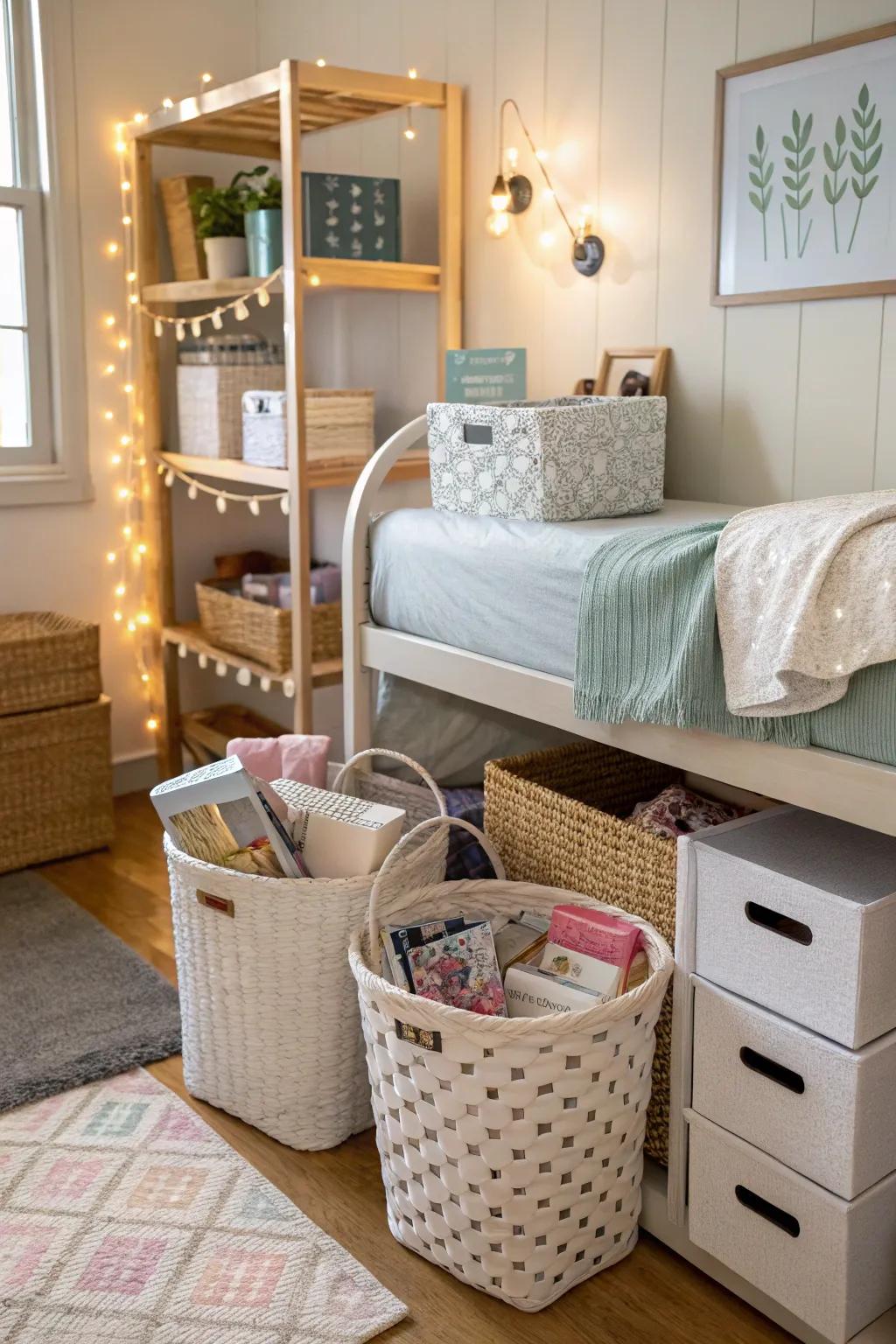 Decorative baskets offer stylish storage solutions.