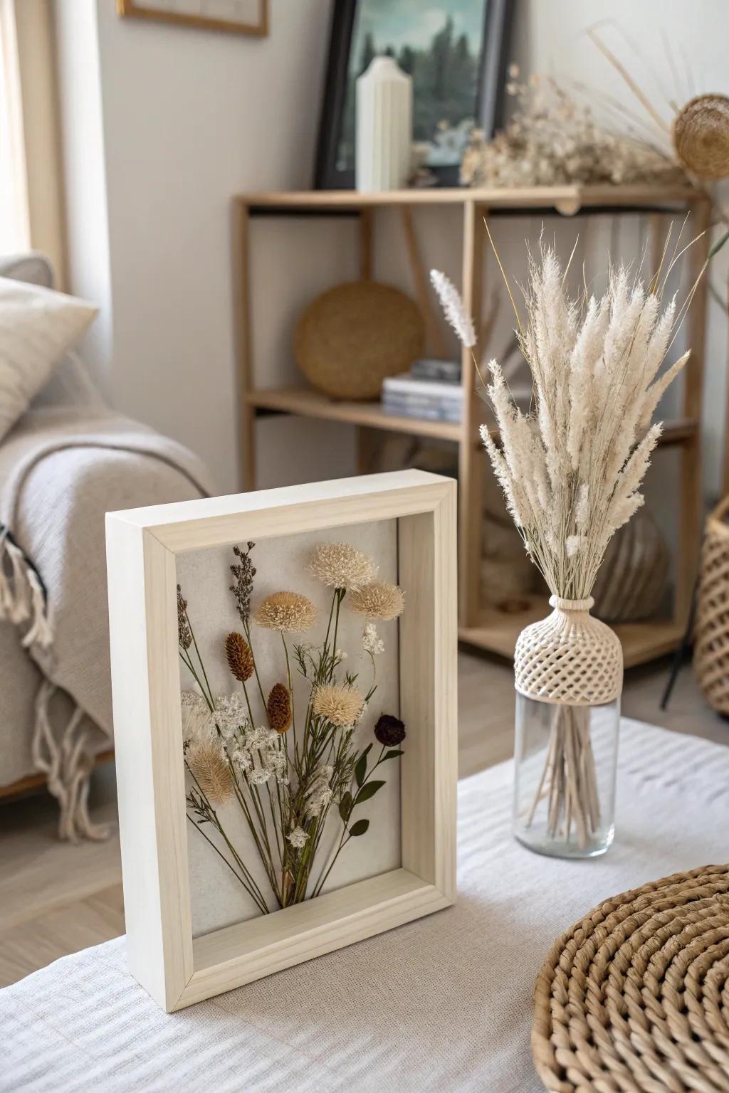 Create a bold statement with a monochrome dried flower shadow box.