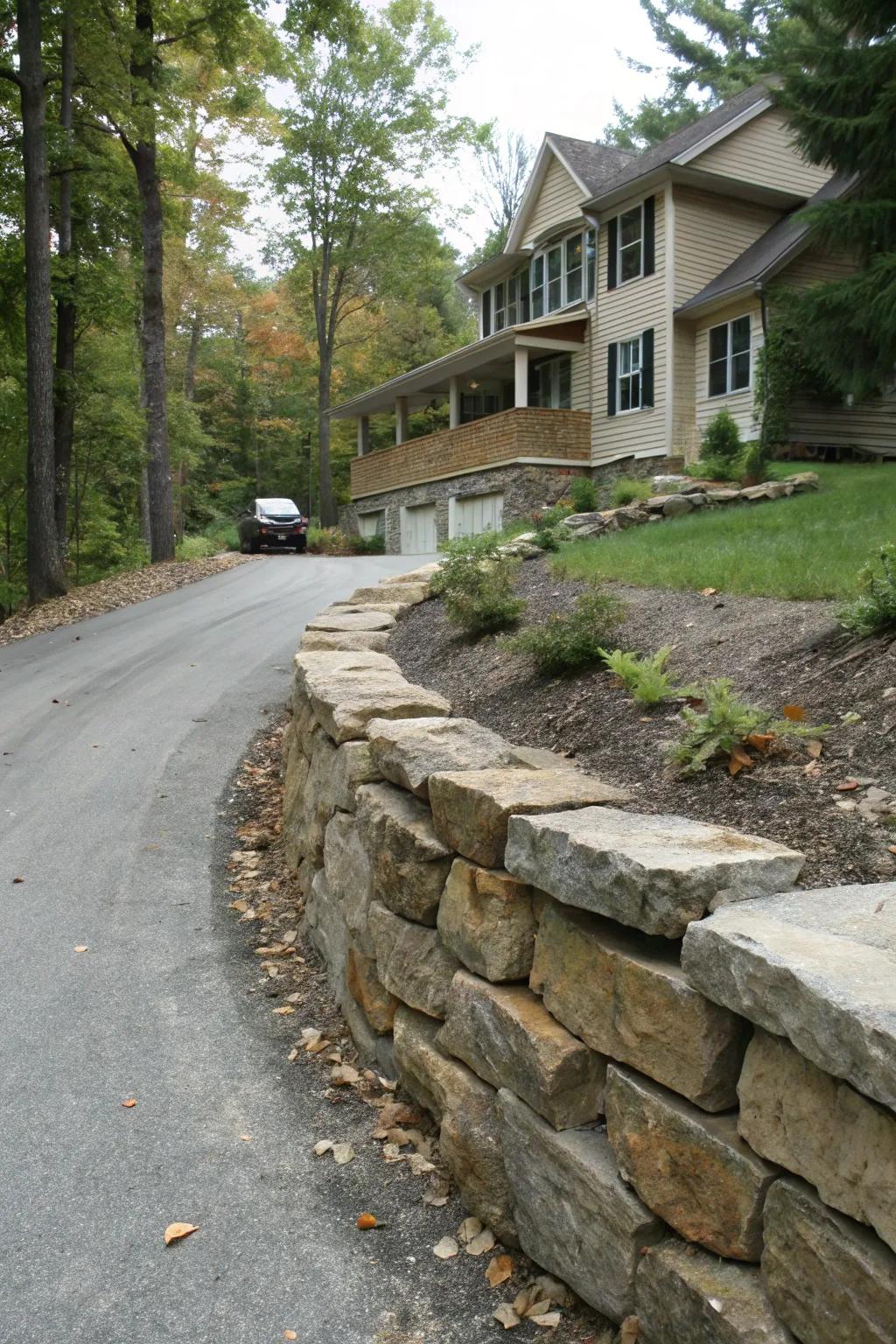 A stone retaining wall adds rustic charm to the berm.