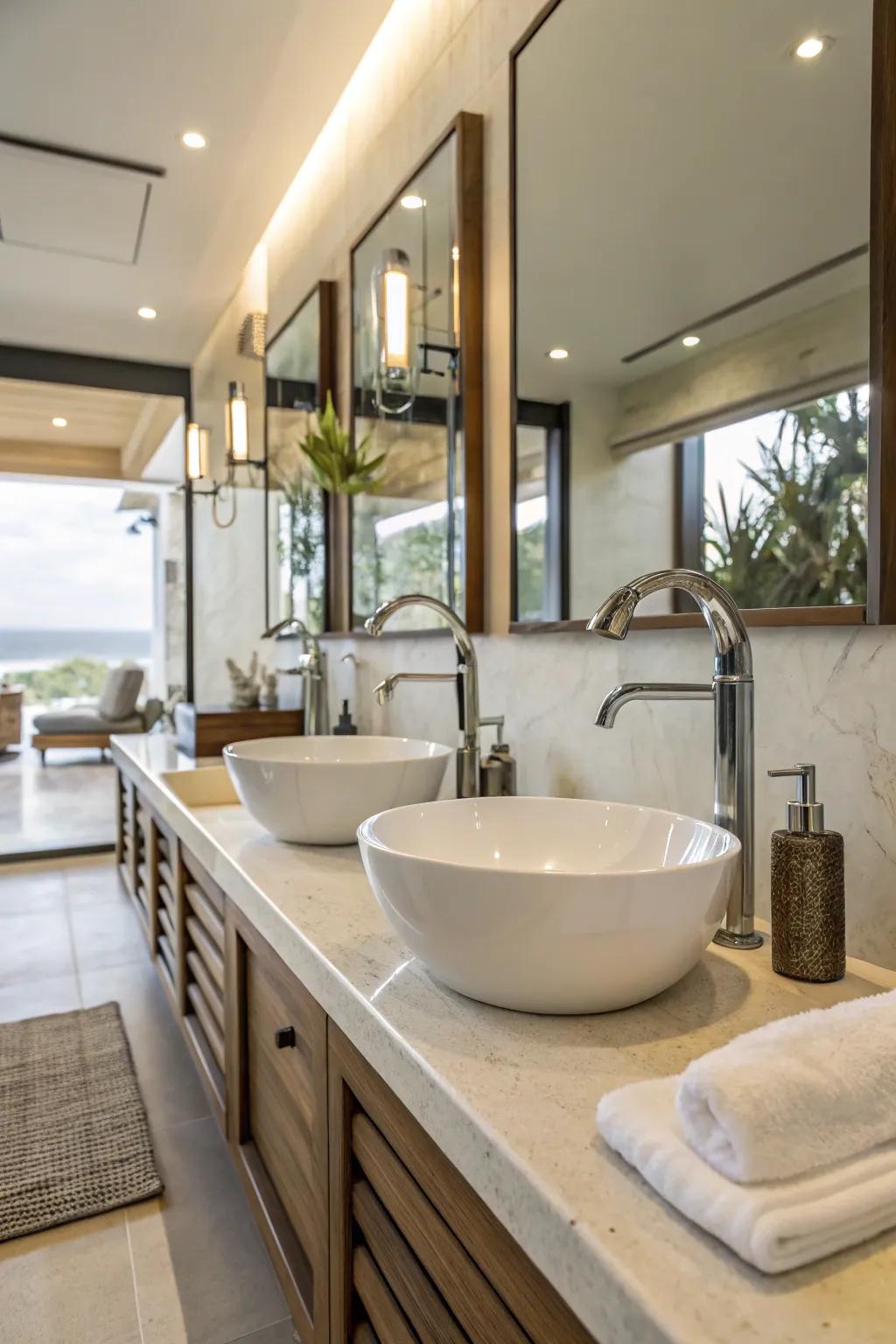 A modern bathroom outfitted with sleek low-flow faucets and fixtures.