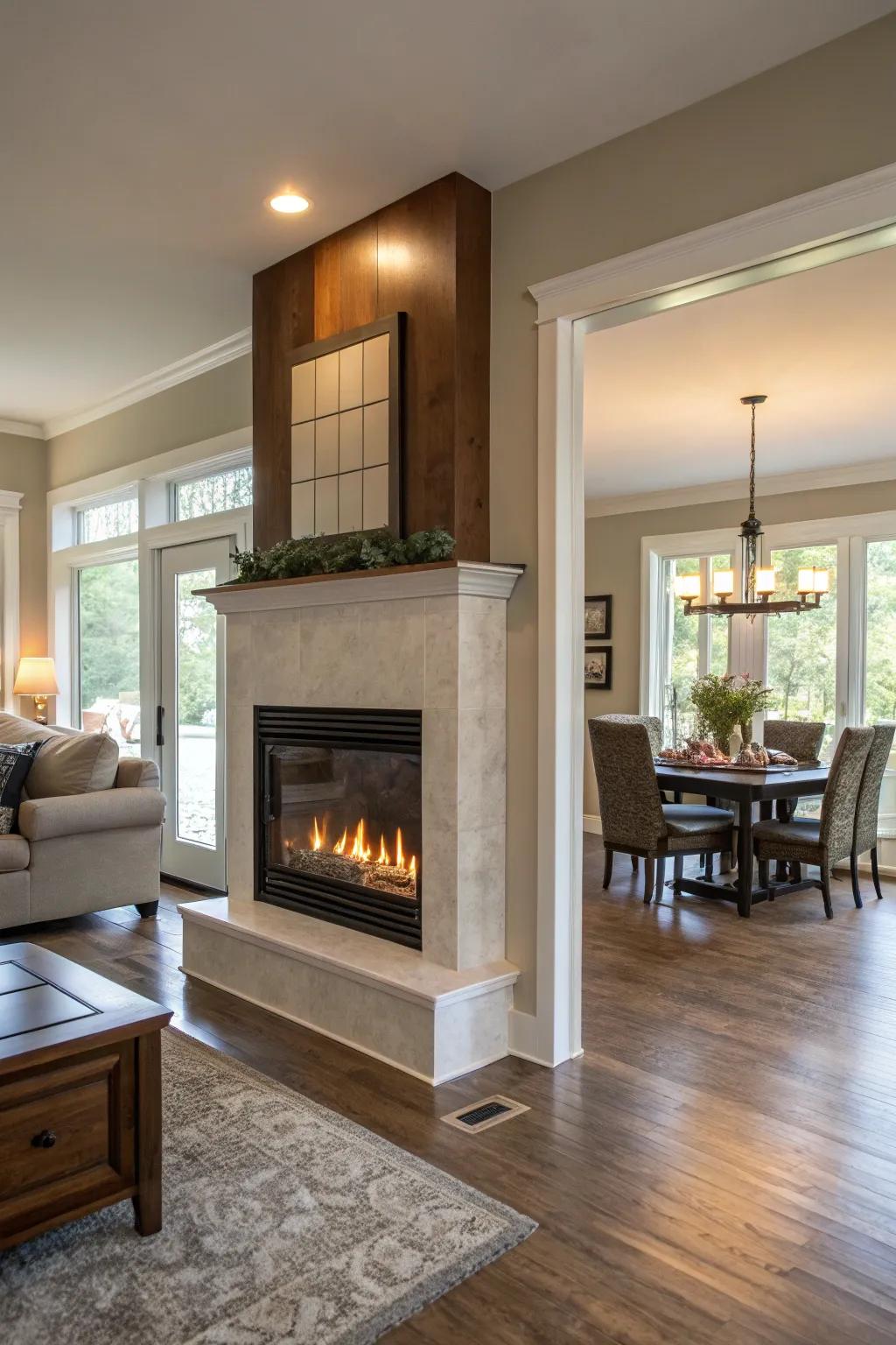 A two-sided fireplace offering warmth and style across spaces.