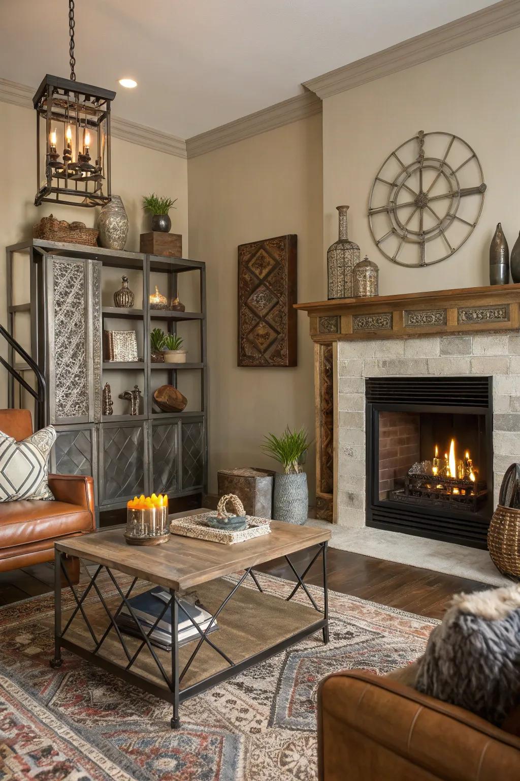 An eclectic living room with a fireplace mixing metal, wood, and glass elements.