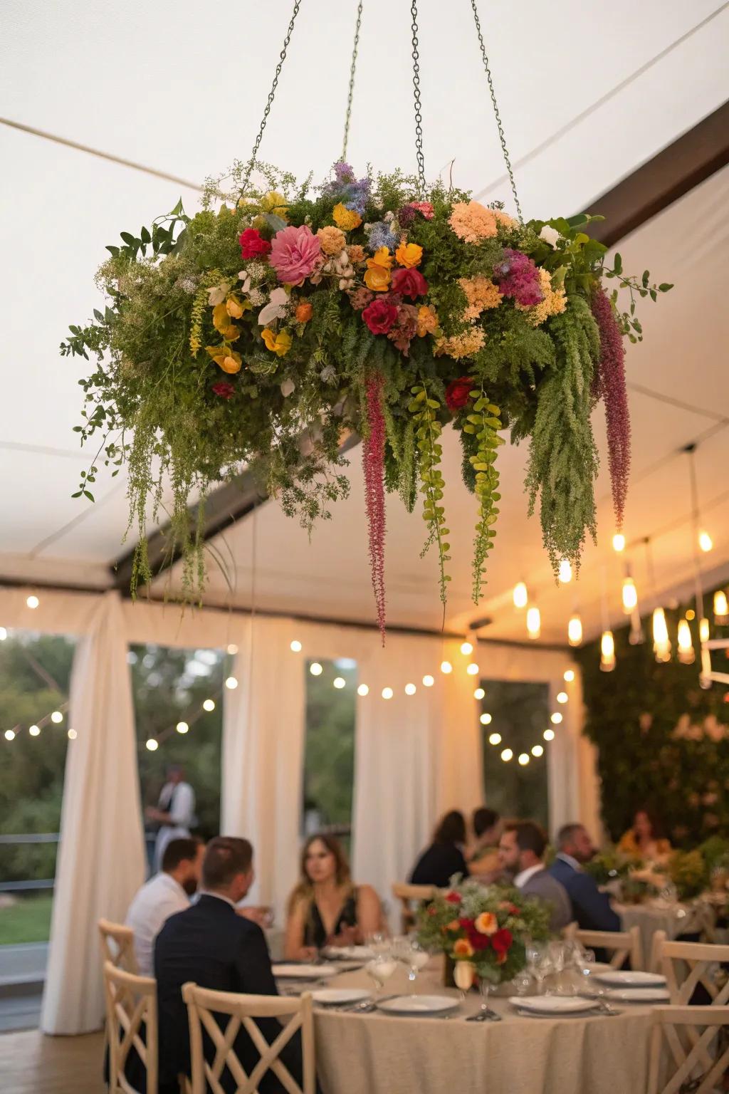 A stunning hanging floral installation as an eye-catching centerpiece.