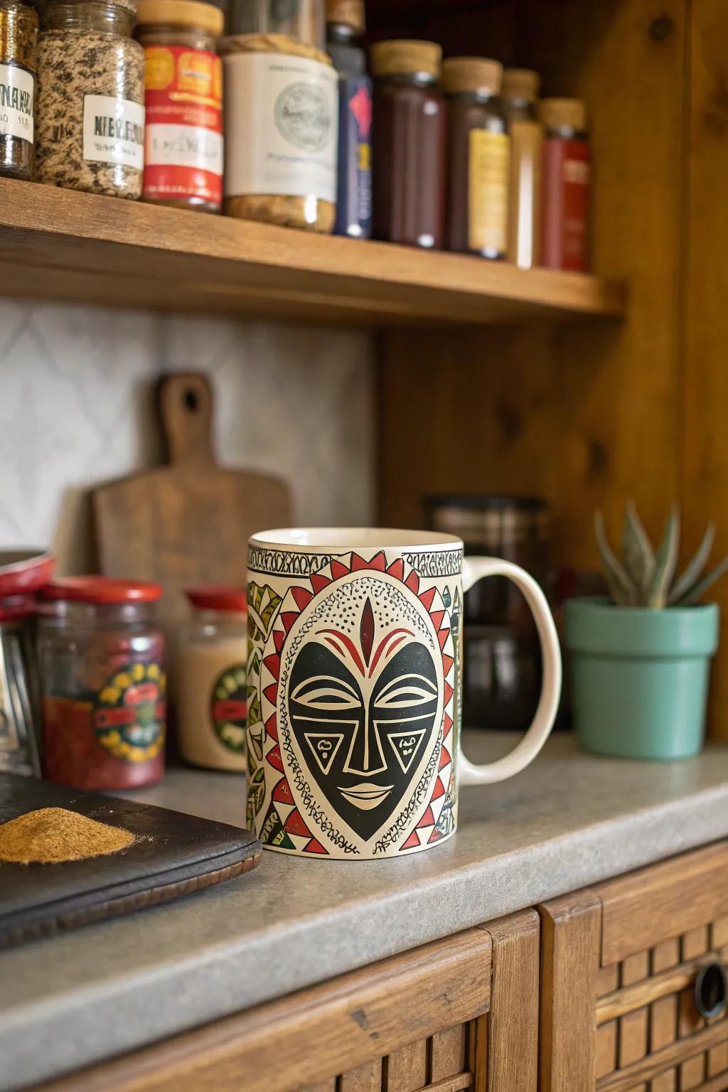A culturally themed face mug celebrating global heritage and diversity.