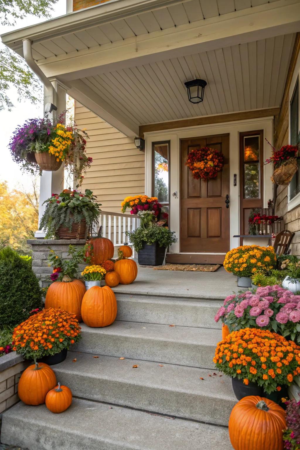 A harmonious blend of pumpkins and flowers creates a stunning fall display.