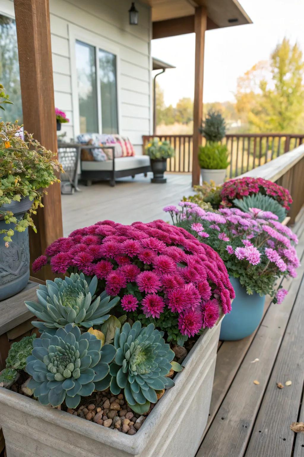 Container gardens bring color to porches.