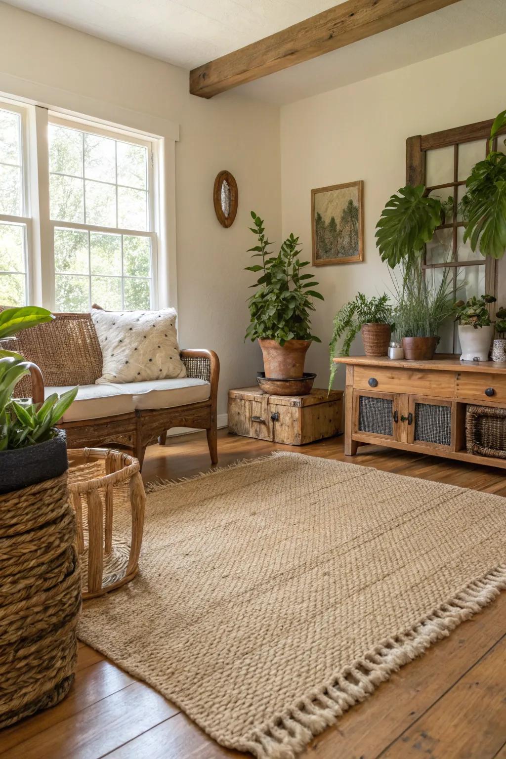 Natural fiber rugs add texture and warmth to any farmhouse space.