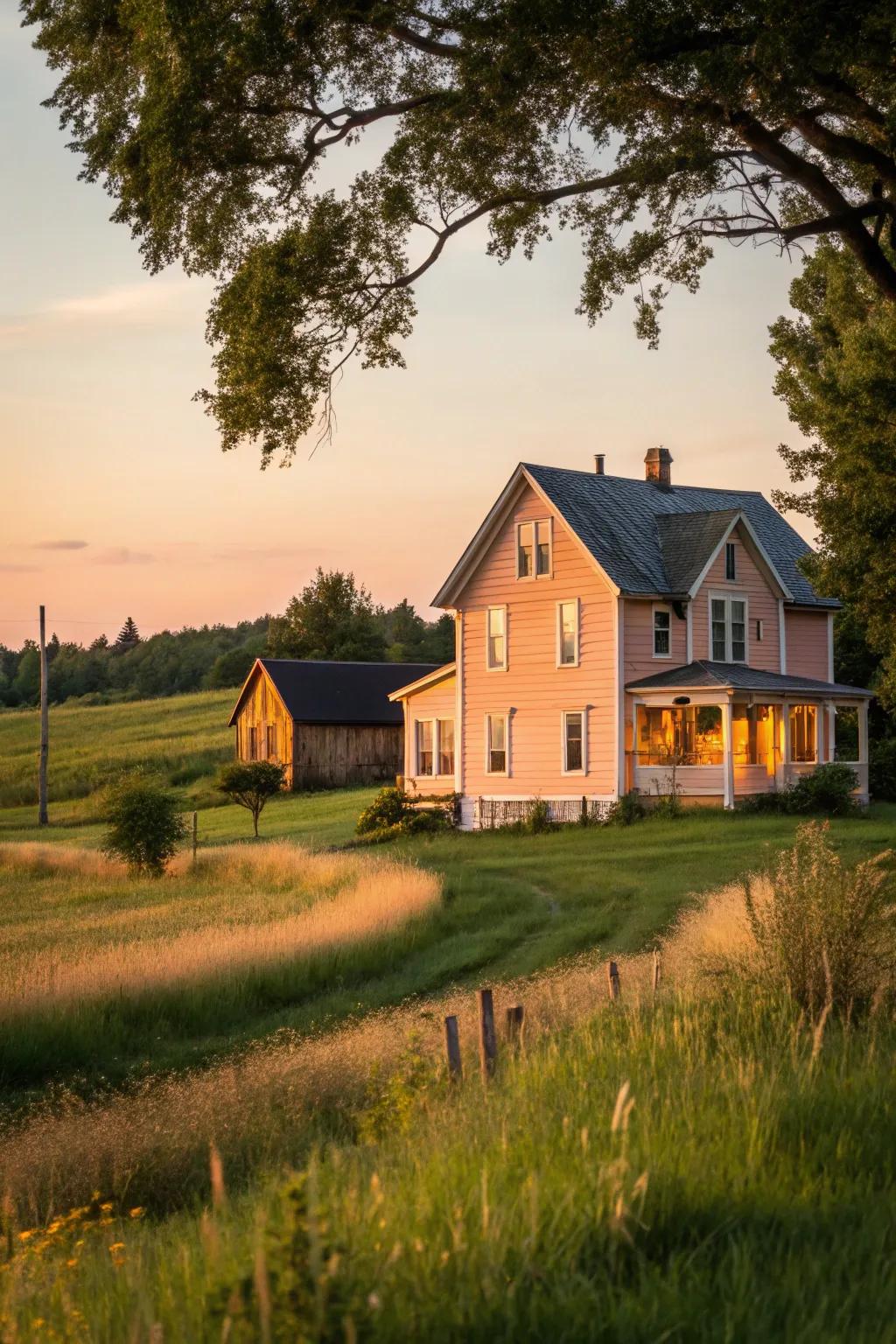 A peach exterior offers warmth and charm to this farmhouse.