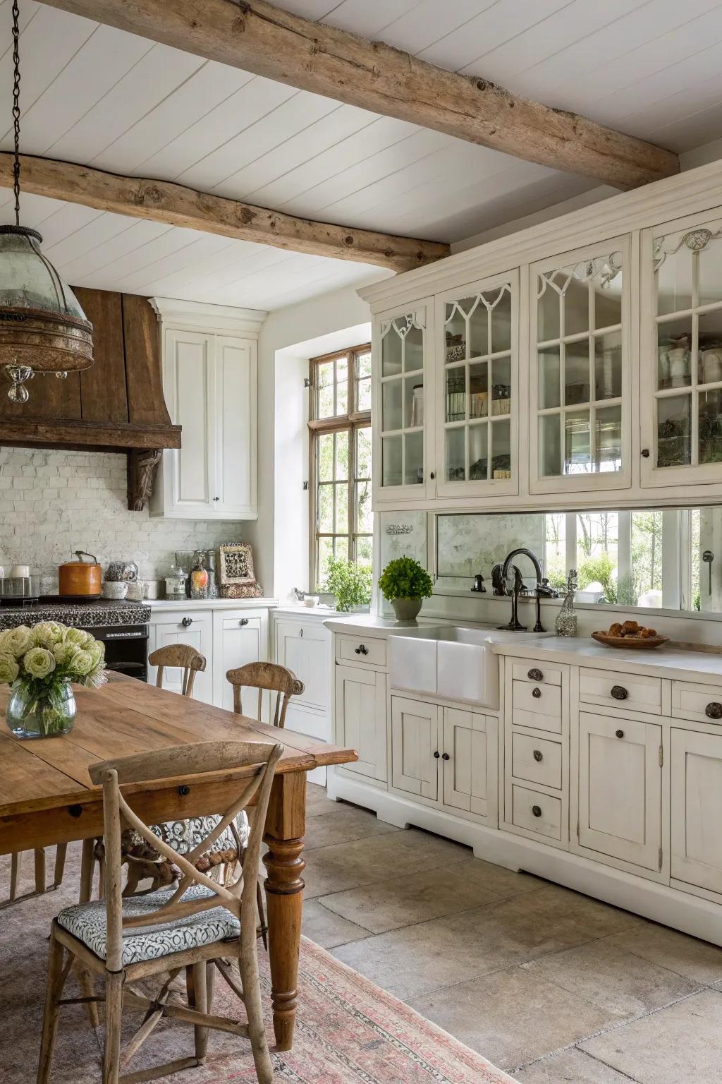 An old mirror backsplash expands space and adds vintage charm to this country-style kitchen.