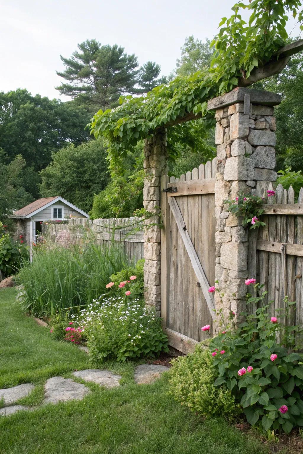 Stone and timber collaborate in unison to craft a refined fence.