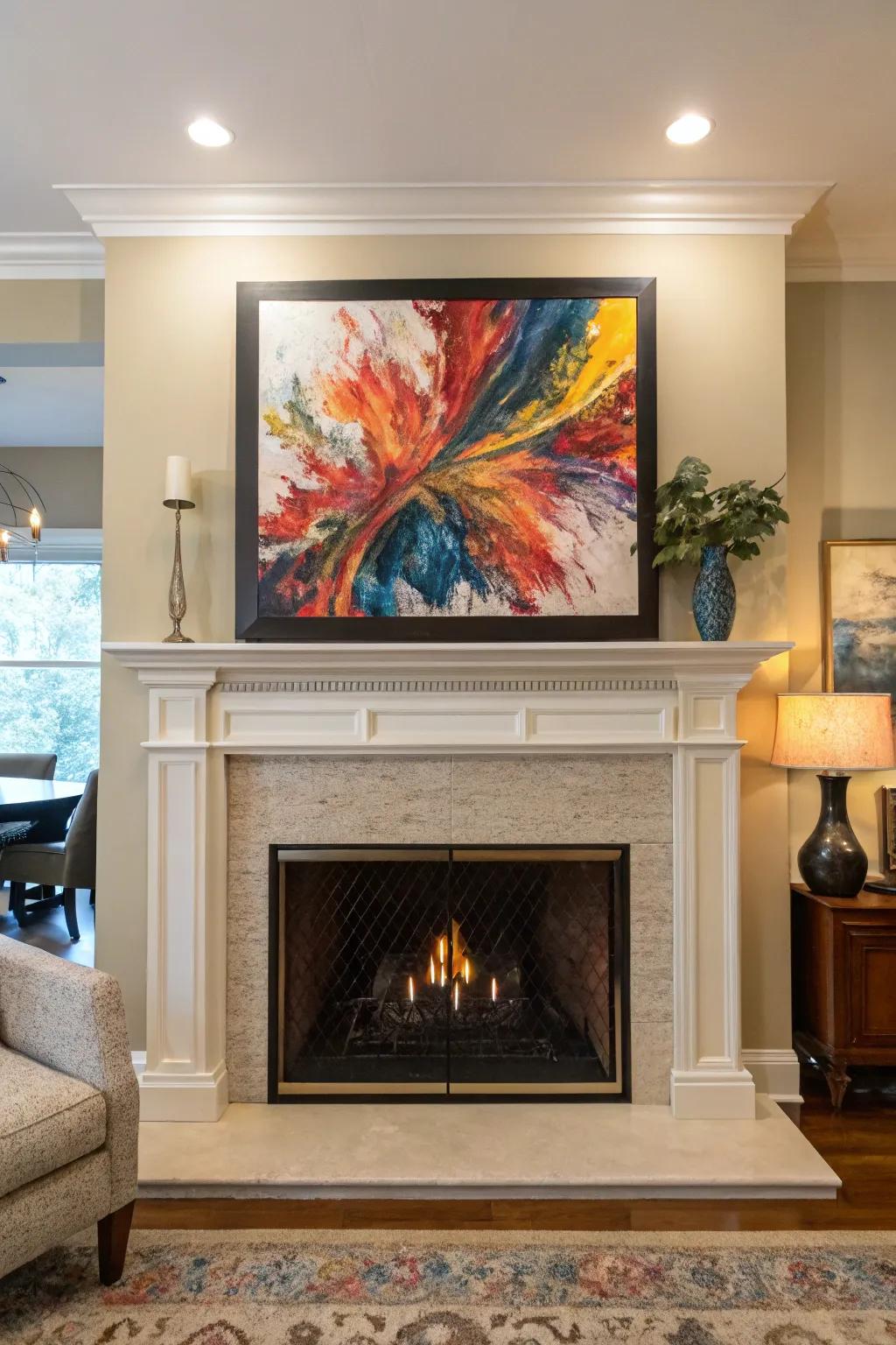 A vibrant art installation above the mantel, commanding attention.