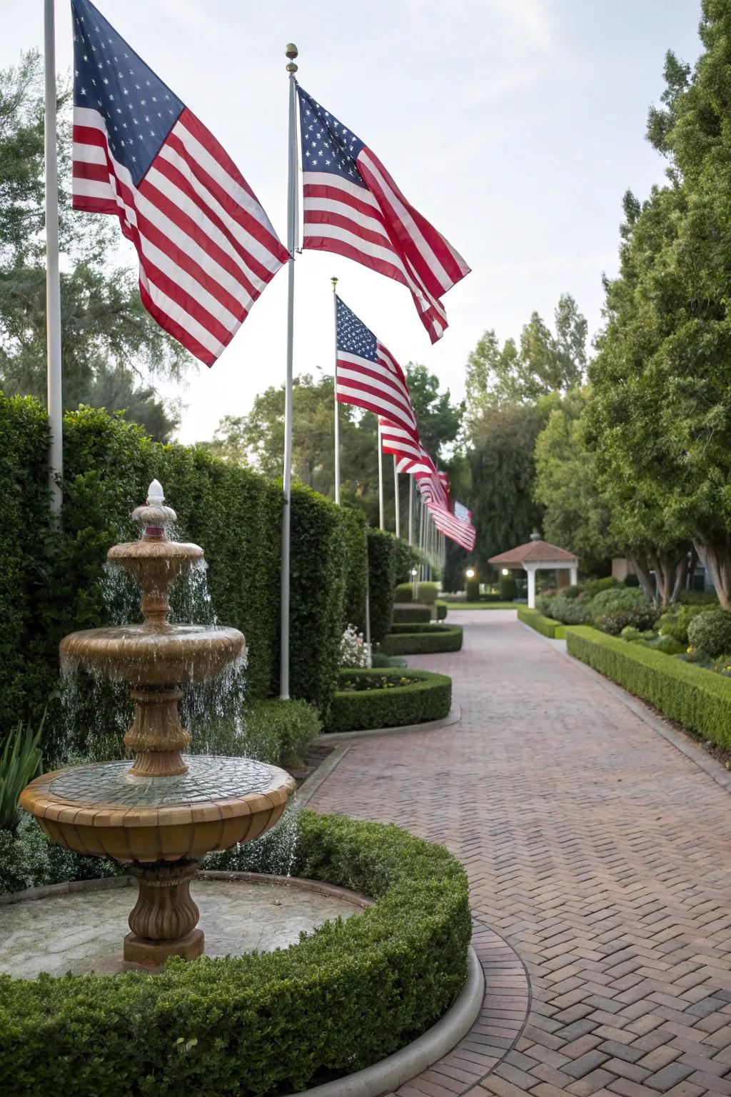 A charming water fountain gracing the entrance of a flag lot driveway.