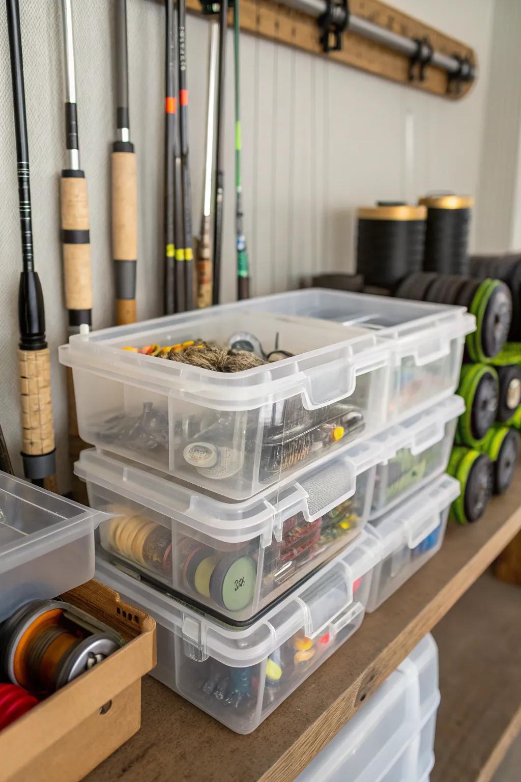 Transparent bins for quick and easy access.