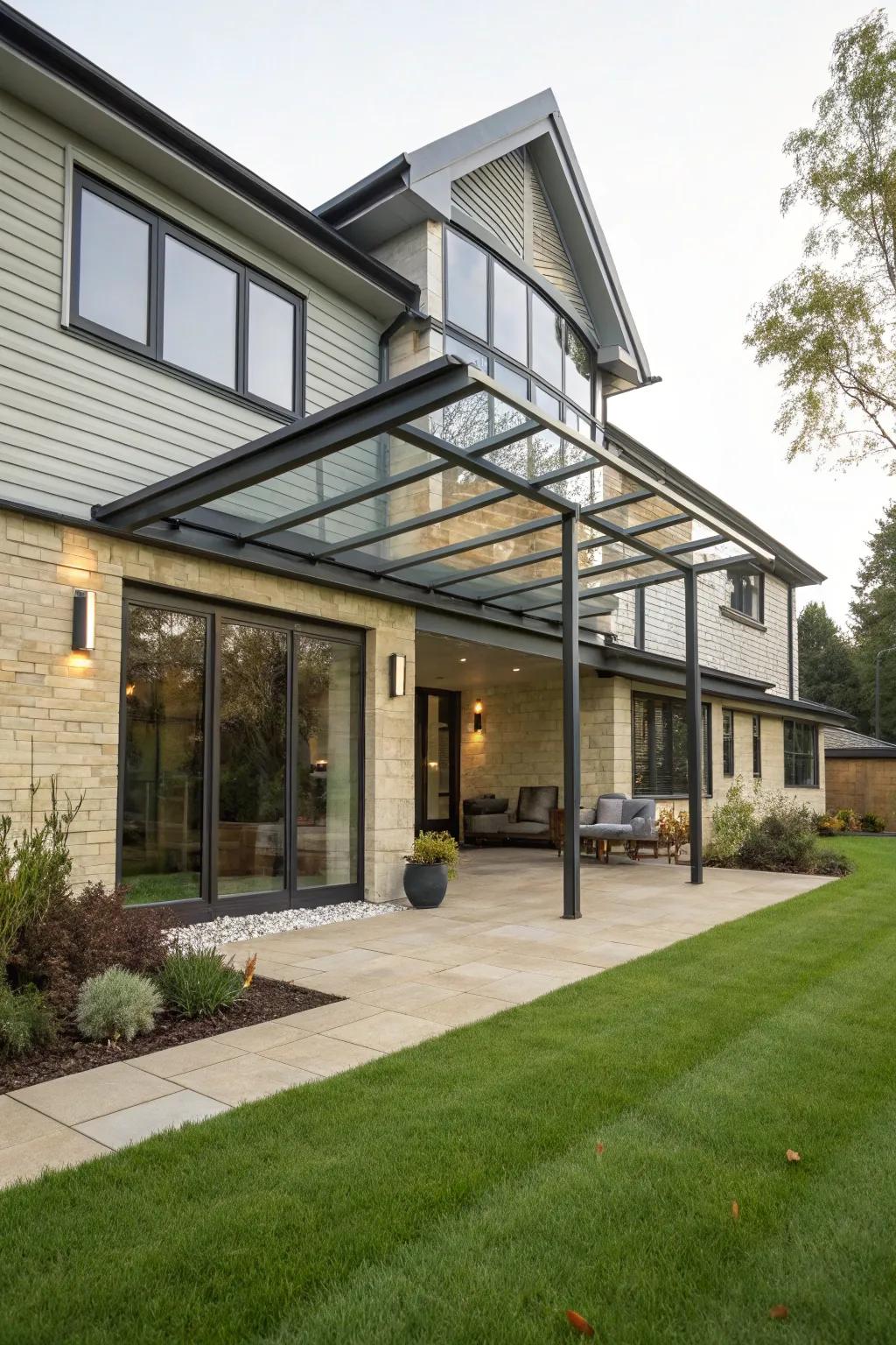 A sleek metal canopy adds modern elegance to the front entrance.