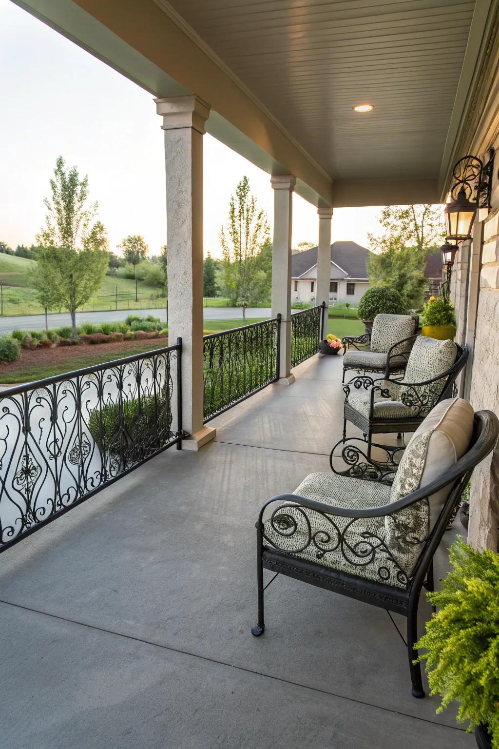 Decorative railings enhance porch aesthetics.