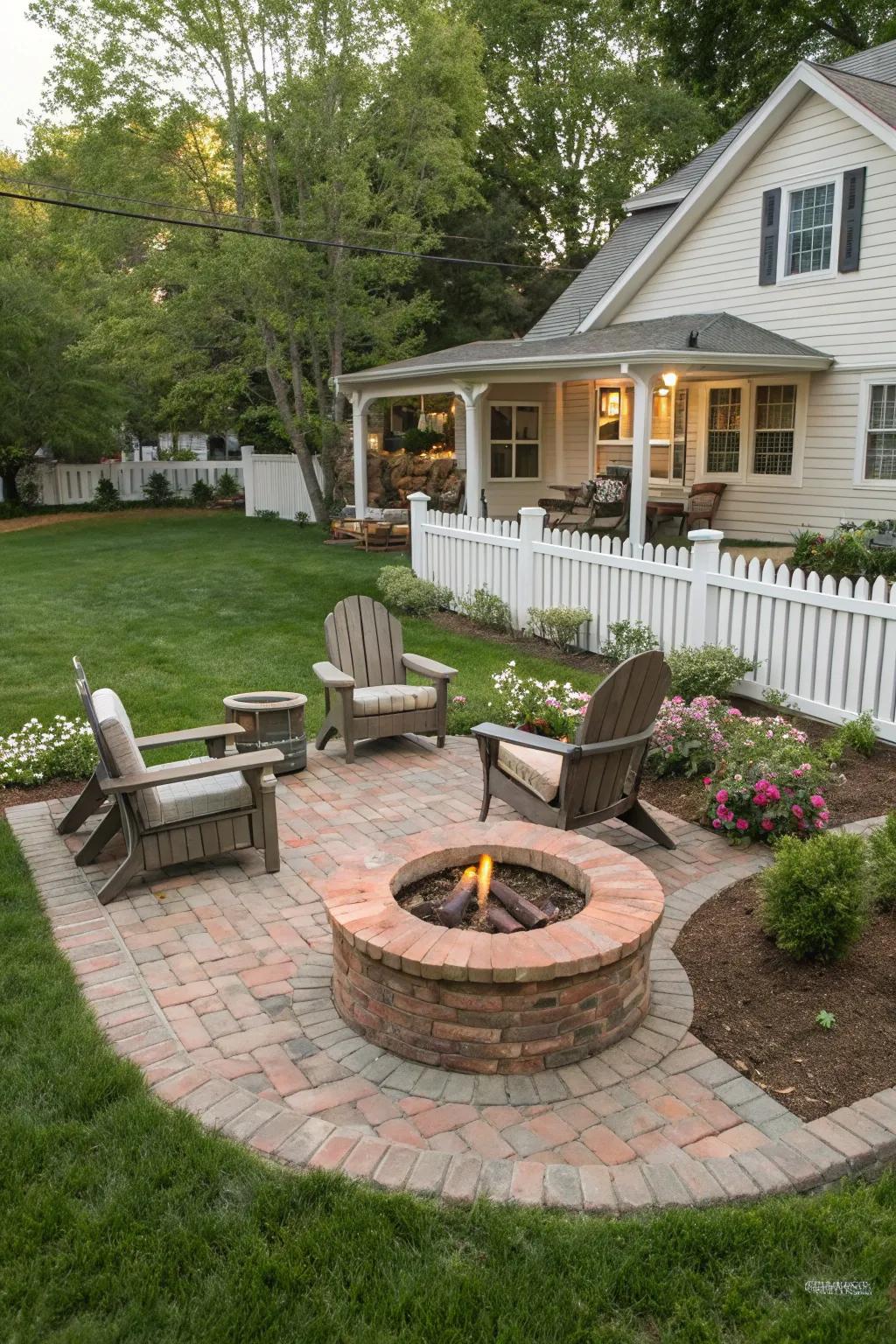 A brick fire pit becomes the heart of outdoor gatherings.