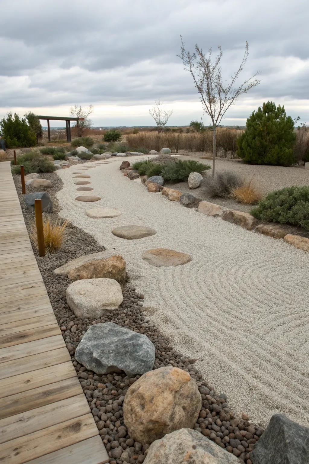 Zen garden elements add tranquility to your dry creek bed landscape.