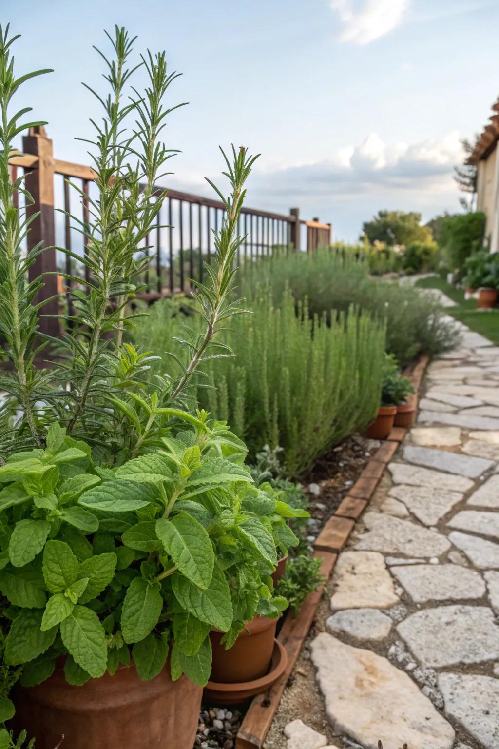 Fragrant rosemary and mint bring both aroma and utility to this garden.