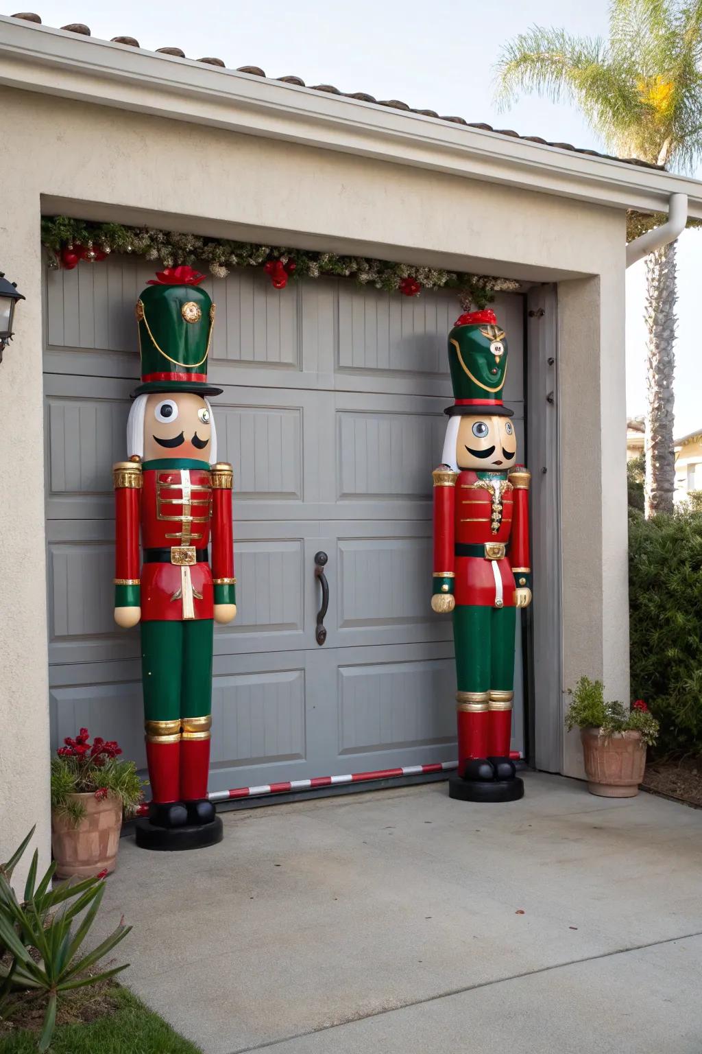 Garage door flanked by tall toy soldier figures.