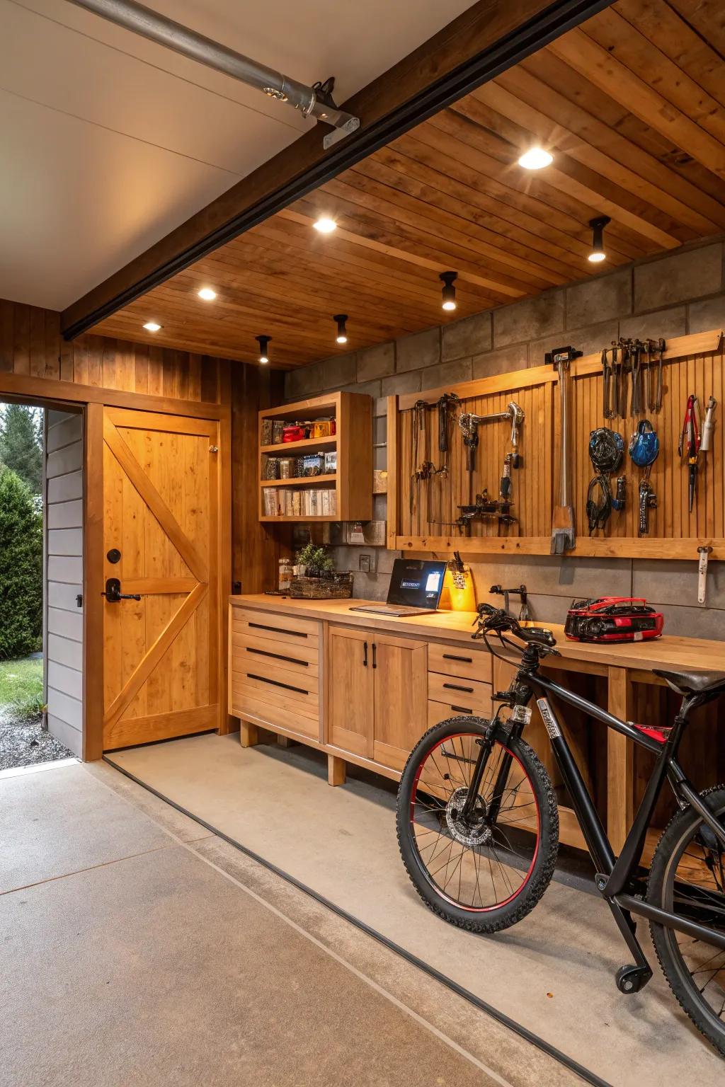 Wood tones add warmth and coziness to your garage.