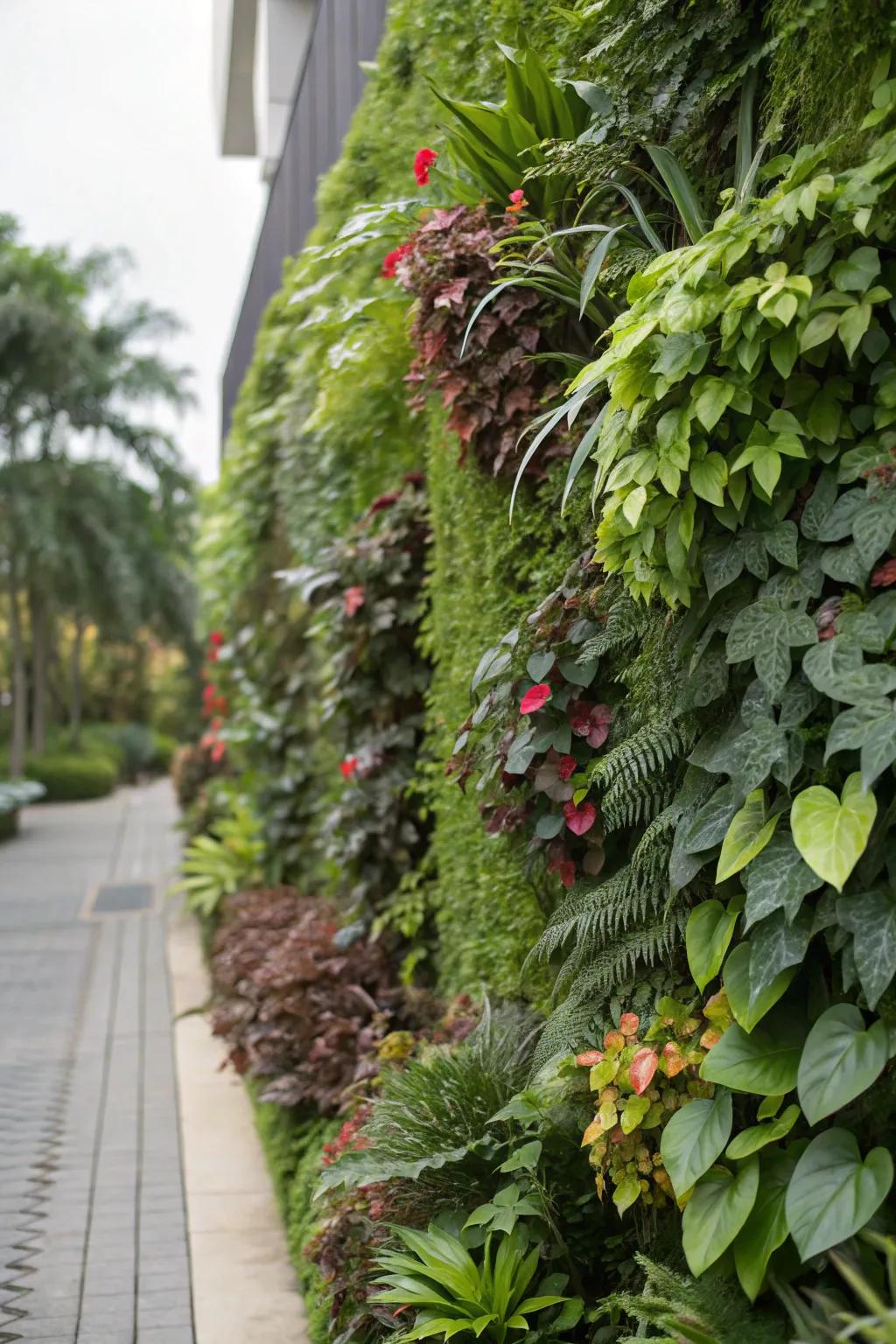 A lush vertical garden wall displaying a variety of vibrant plants.