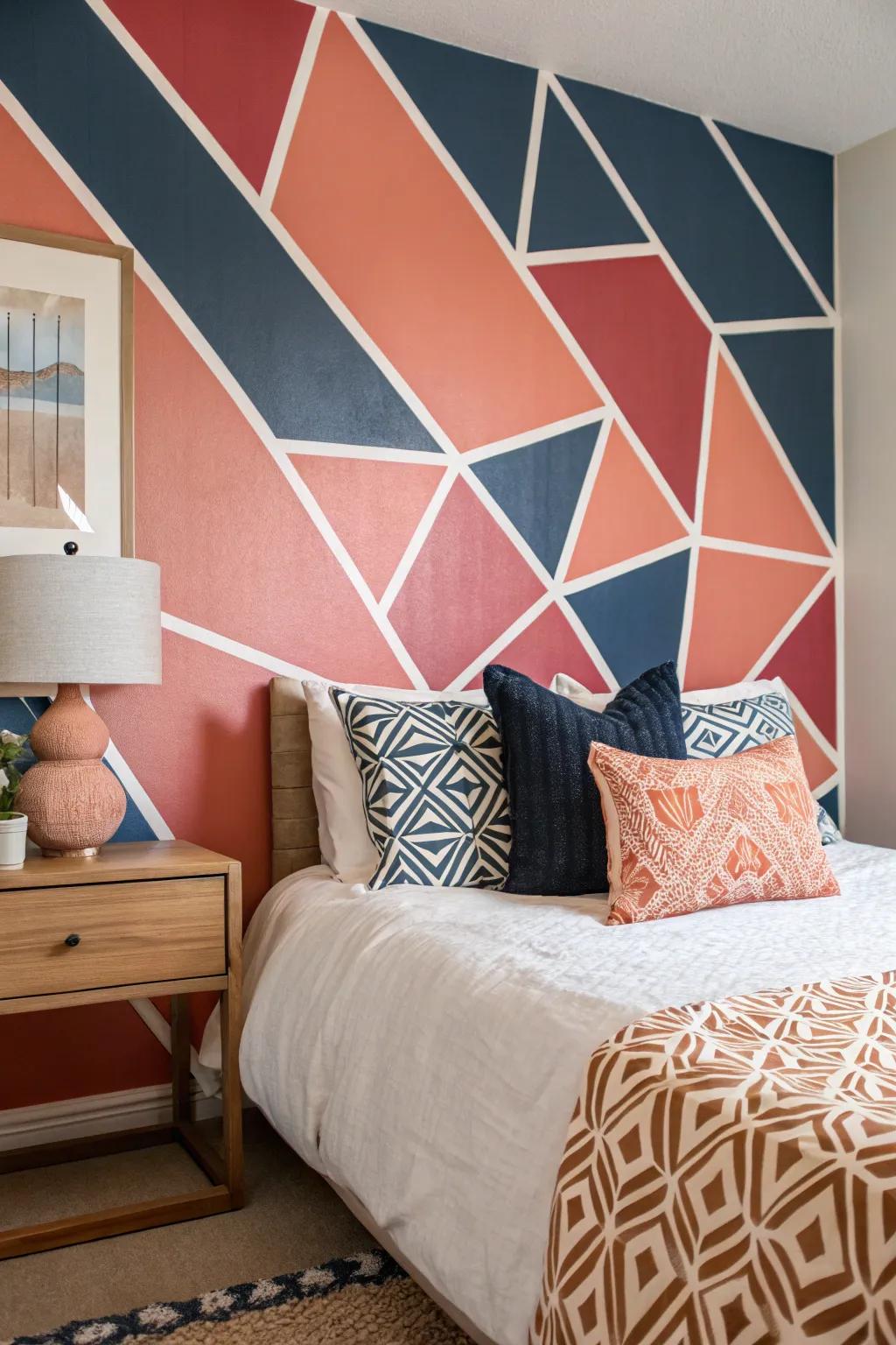 A guest room revitalized with bold color block geometric patterns.