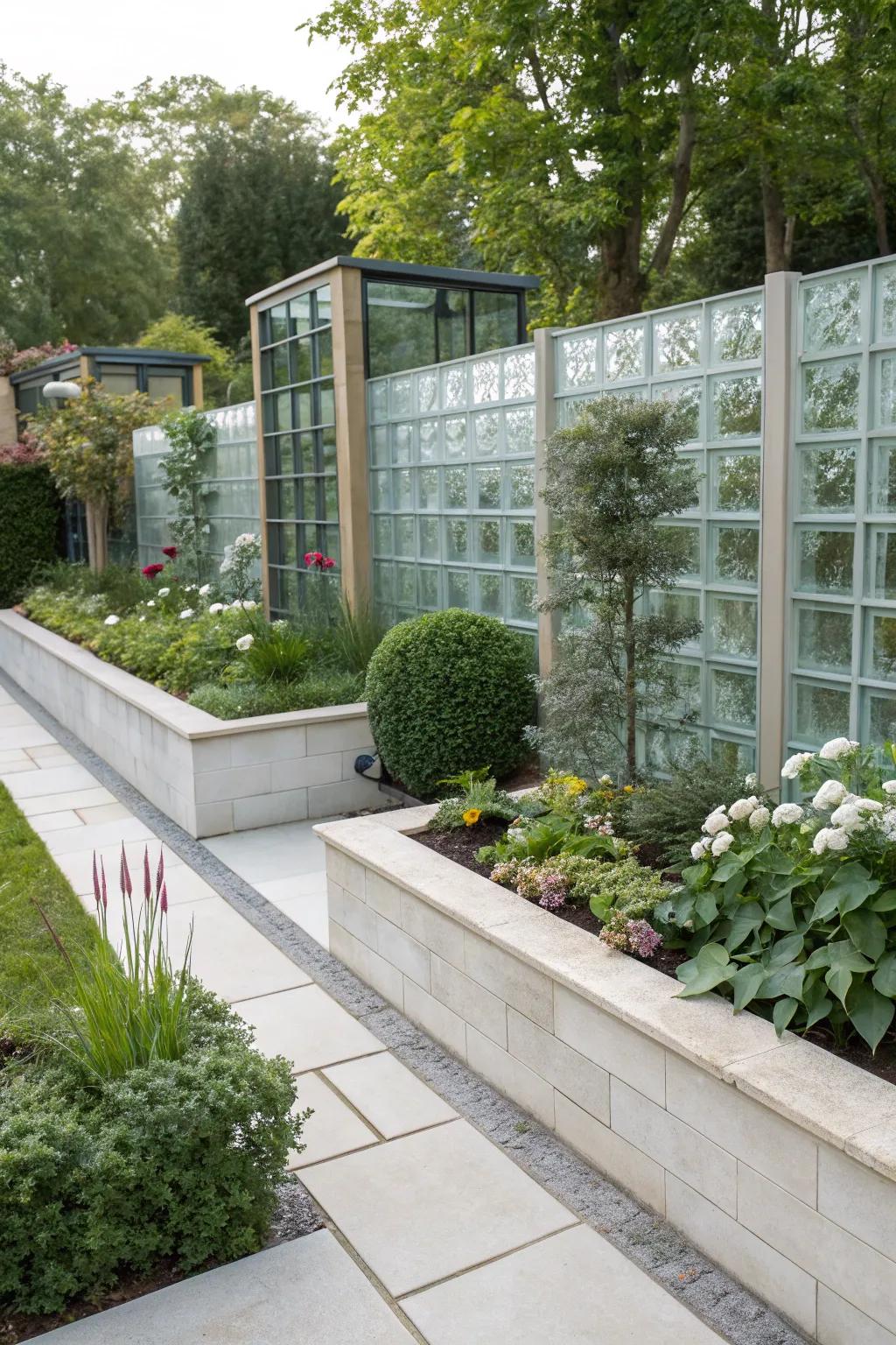 A garden showcasing glass block borders, adding a modern and light-catching element to the landscape.