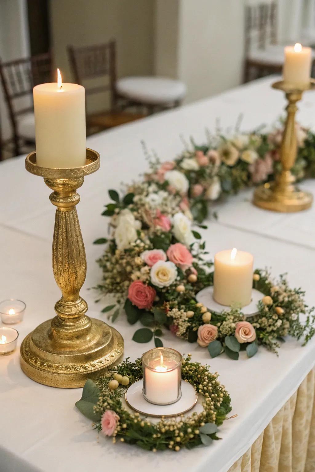 Lush and romantic gold candle rings with floral wreaths.