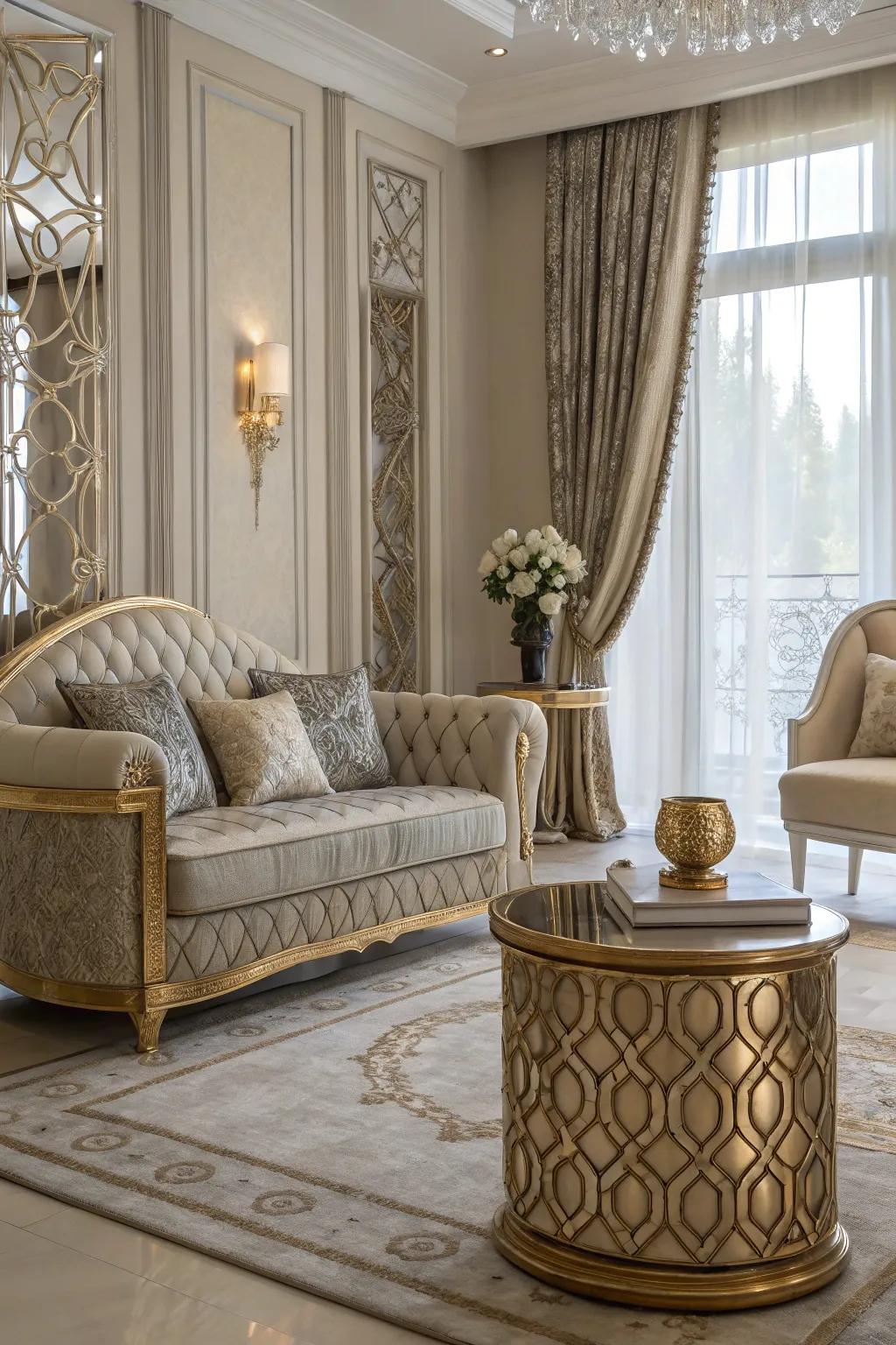 Metallic art accents adding luxury and elegance.