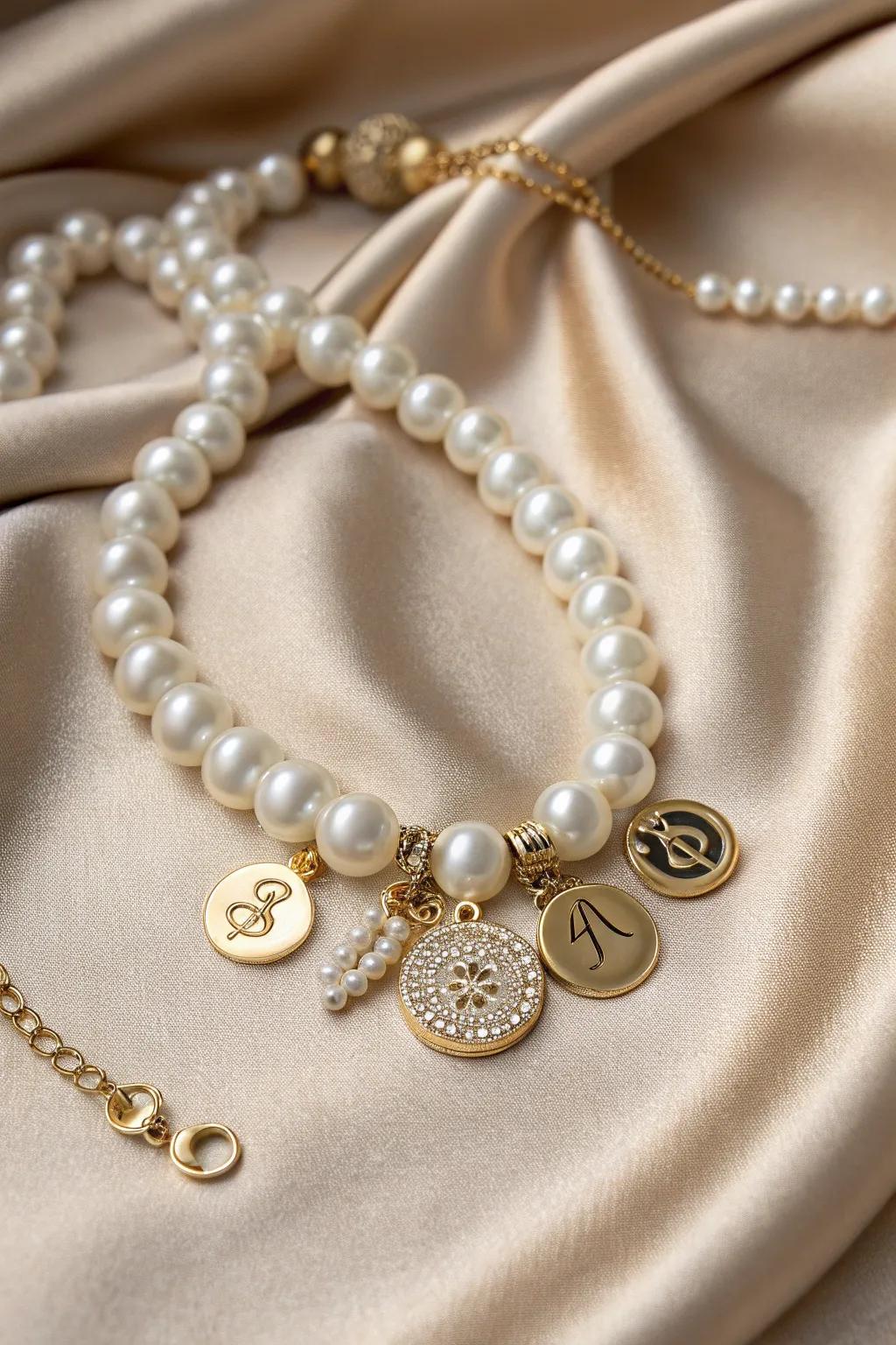 An elegant necklace combining pearls and personalized charms.